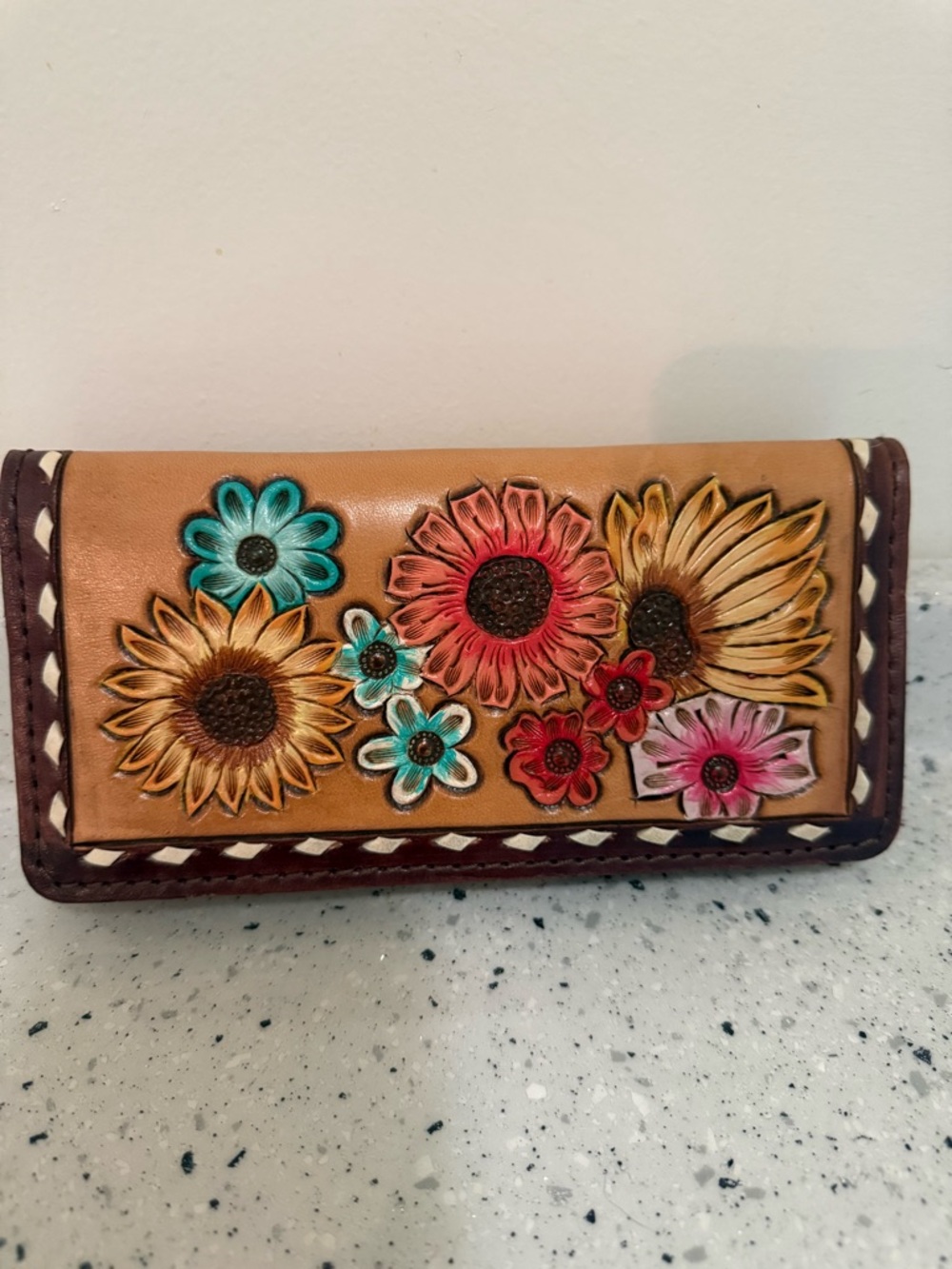 American Darling Tan Leather Floral Tooled Clutch/Wallet with Multicolor Flowers